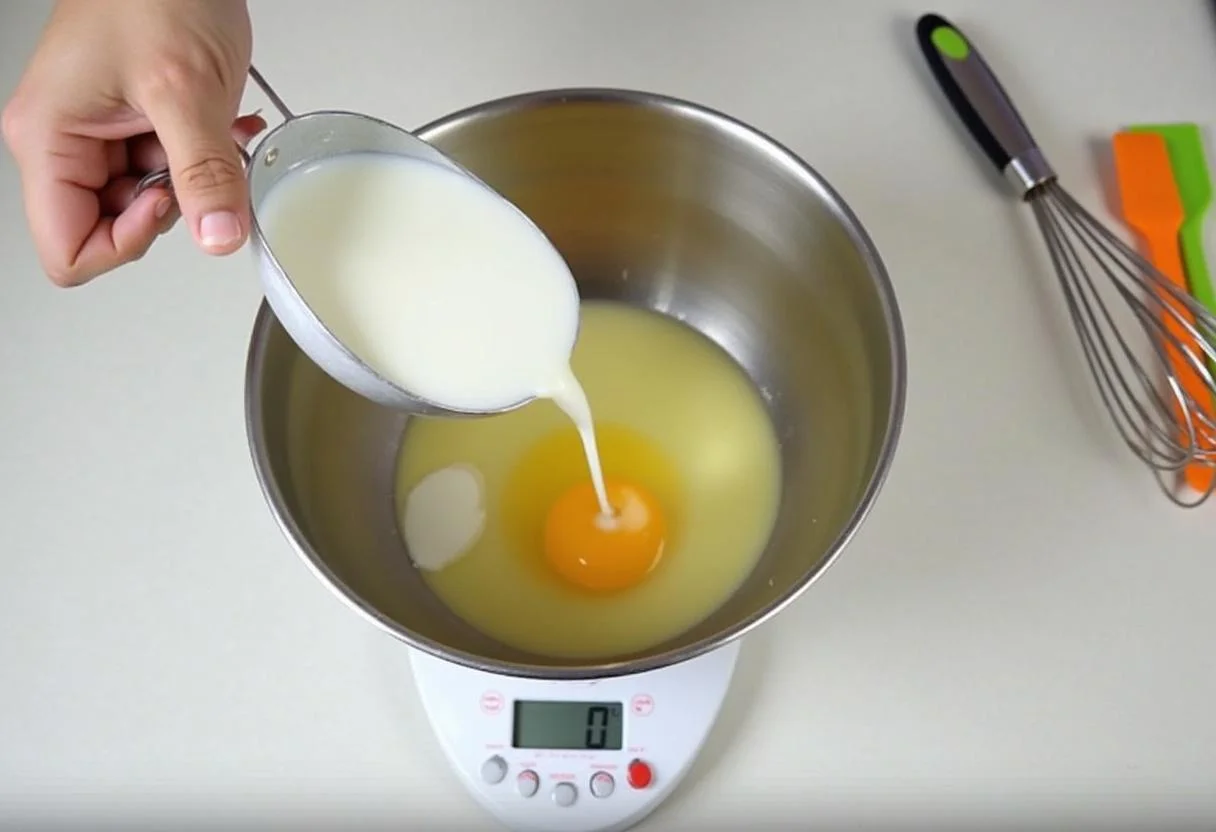 Preparing egg whites for Little Women Emma Watson's Meg March's Marvelous Macaroon Medley using a kitchen scale.