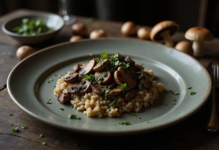 Final presentation of Maleficent Angelina Jolie's Dark Forest Mushroom Risotto, elegantly plated with mushrooms and herbs, ideal for culinary enthusiasts.