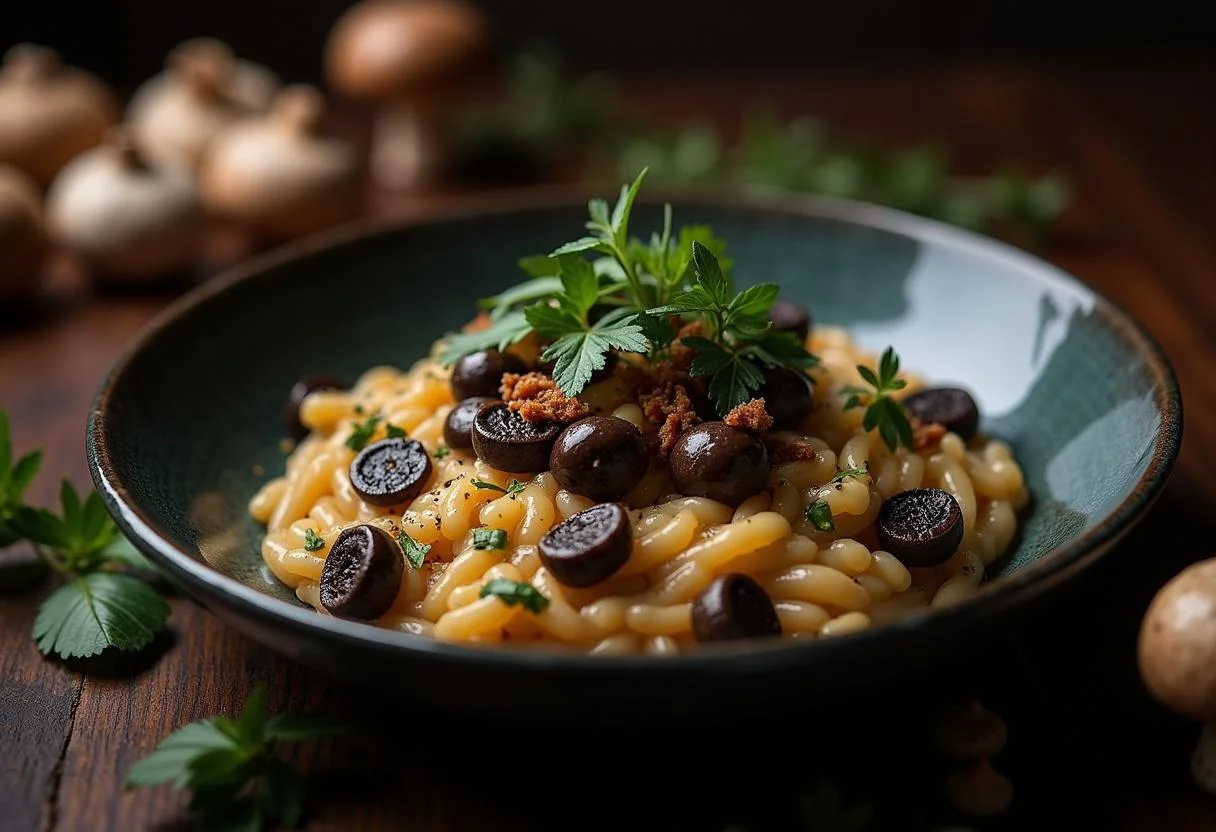 Final presentation of Maleficent Angelina Jolie's Dark Forest Mushroom Risotto, elegantly plated with mushrooms and herbs, ideal for culinary enthusiasts.