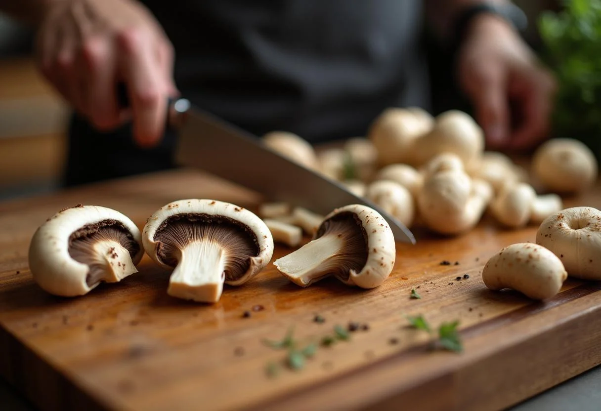 Fresh mushrooms being sliced for Maleficent Angelina Jolie's Dark Forest Mushroom Risotto, showcasing shiitake, portobello, and cremini mushrooms.