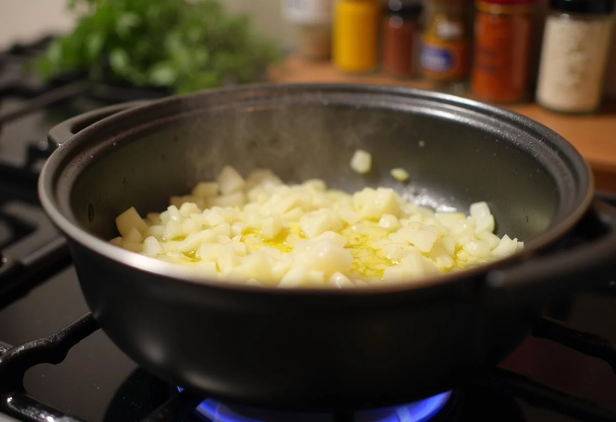 Chopped onions and garlic sautéing in olive oil, creating a flavorful base for Maleficent Angelina Jolie's Dark Forest Mushroom Risotto.