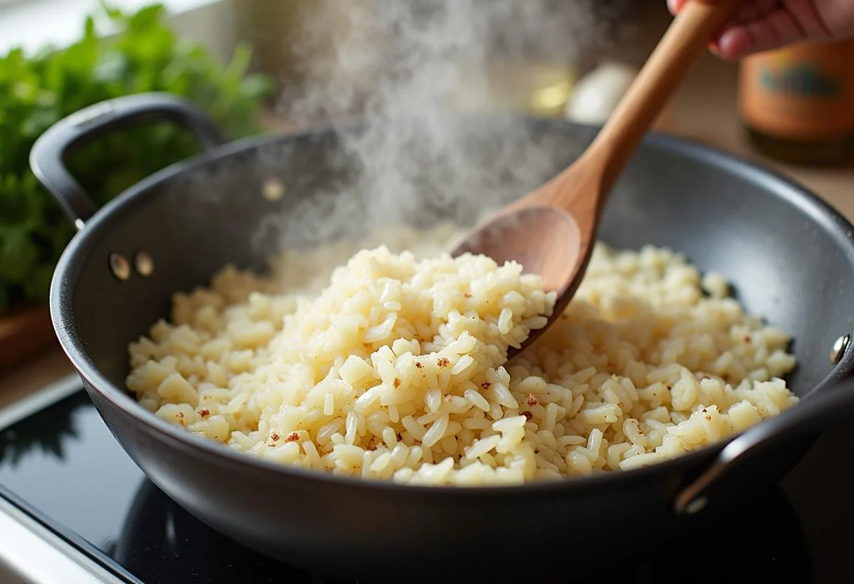 Arborio rice being added to the mixture for Maleficent Angelina Jolie's Dark Forest Mushroom Risotto, creating a creamy texture.