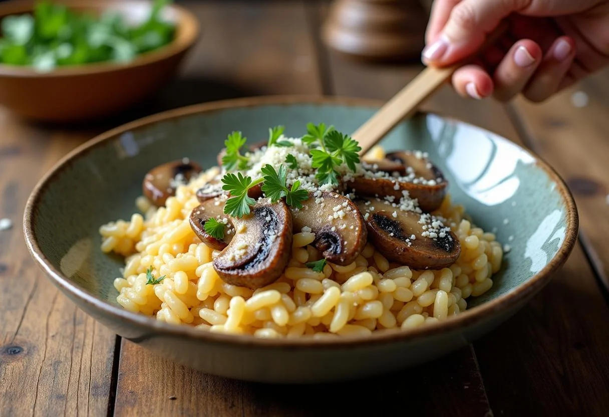Creamy Maleficent Angelina Jolie's Dark Forest Mushroom Risotto topped with mushrooms and parmesan cheese, beautifully presented in a rustic bowl.