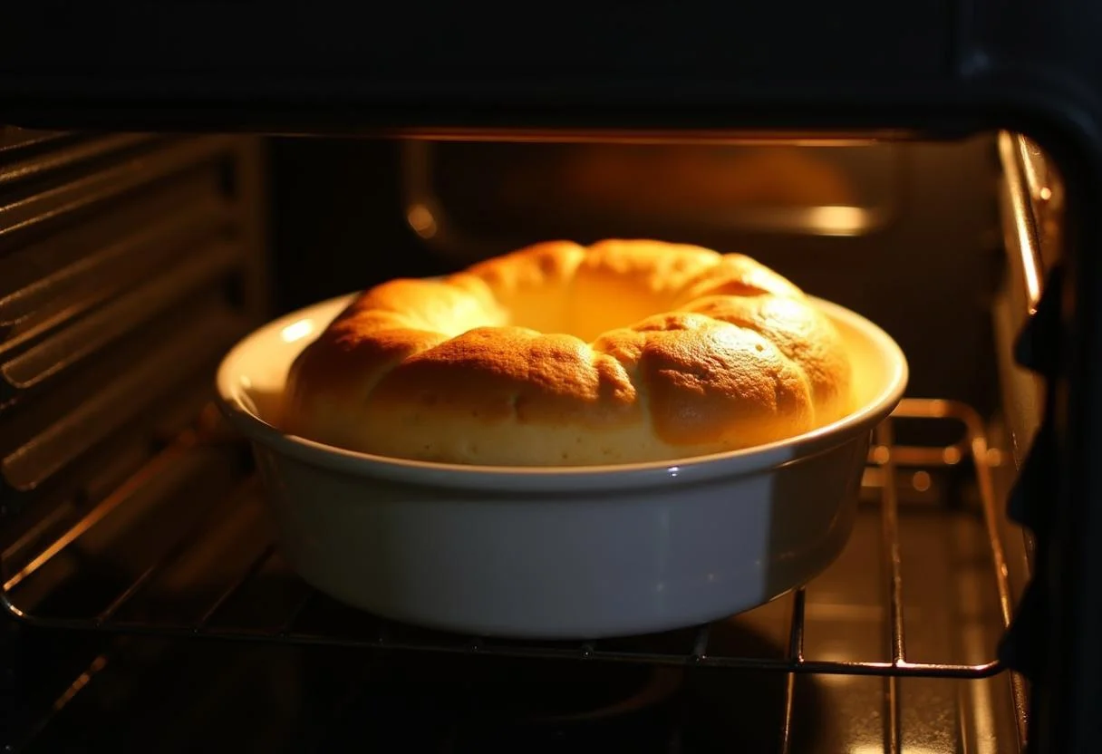 Golden-brown soufflé baking in the oven for Marvel Adam Warlock's Soul Gem Soufflé.