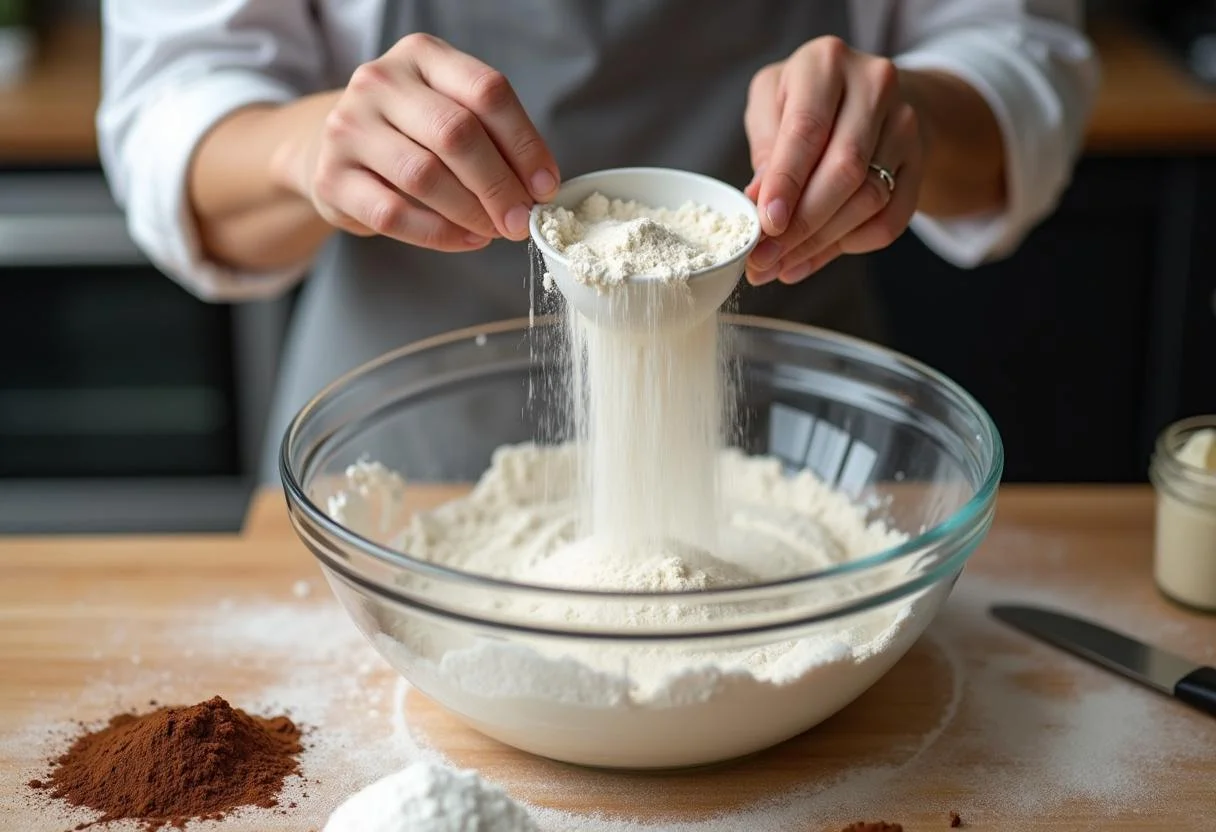 Creating Marvel Agatha Harkness' All Along the Watchtower Whoopie Pies by measuring flour and other ingredients for delicious cookies.