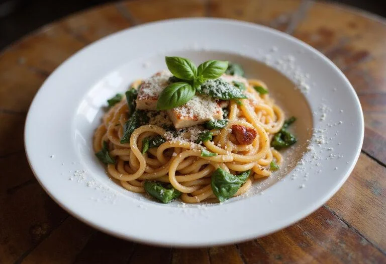 Final presentation of Marvel America Chavez's Star Portal Pasta Primavera, garnished and ready to be enjoyed, showcasing a delicious and colorful dish.