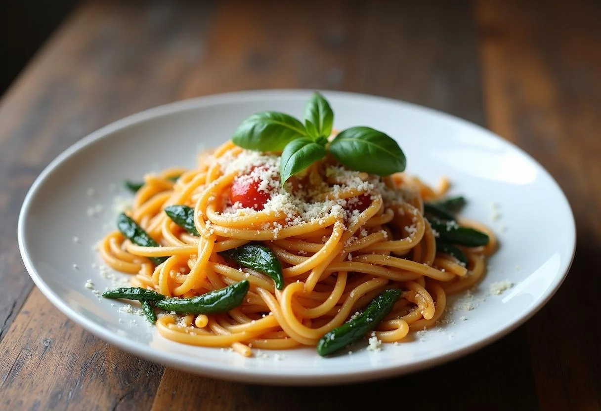 Final presentation of Marvel America Chavez's Star Portal Pasta Primavera, garnished and ready to be enjoyed, showcasing a delicious and colorful dish.