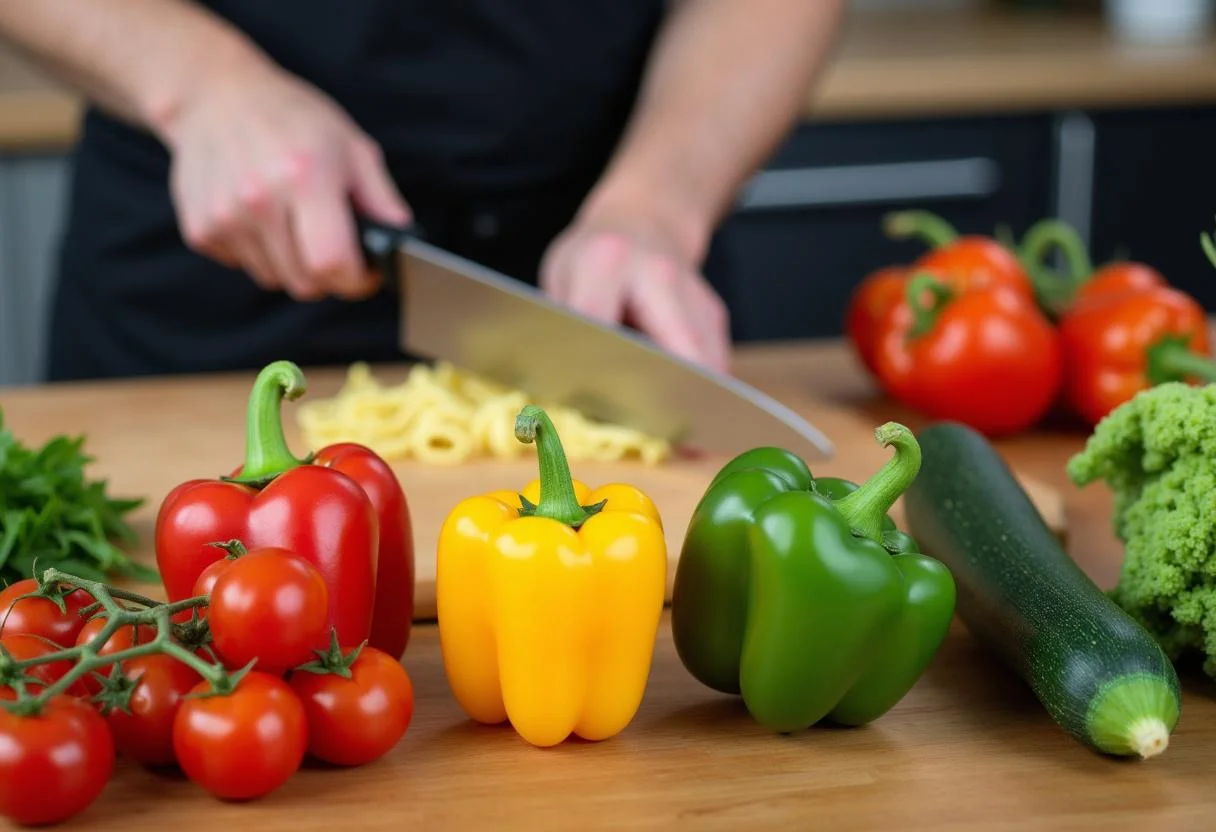 Fresh vegetables for Marvel America Chavez's Star Portal Pasta Primavera, including bell peppers, zucchini, and cherry tomatoes being chopped in a vibrant kitchen.