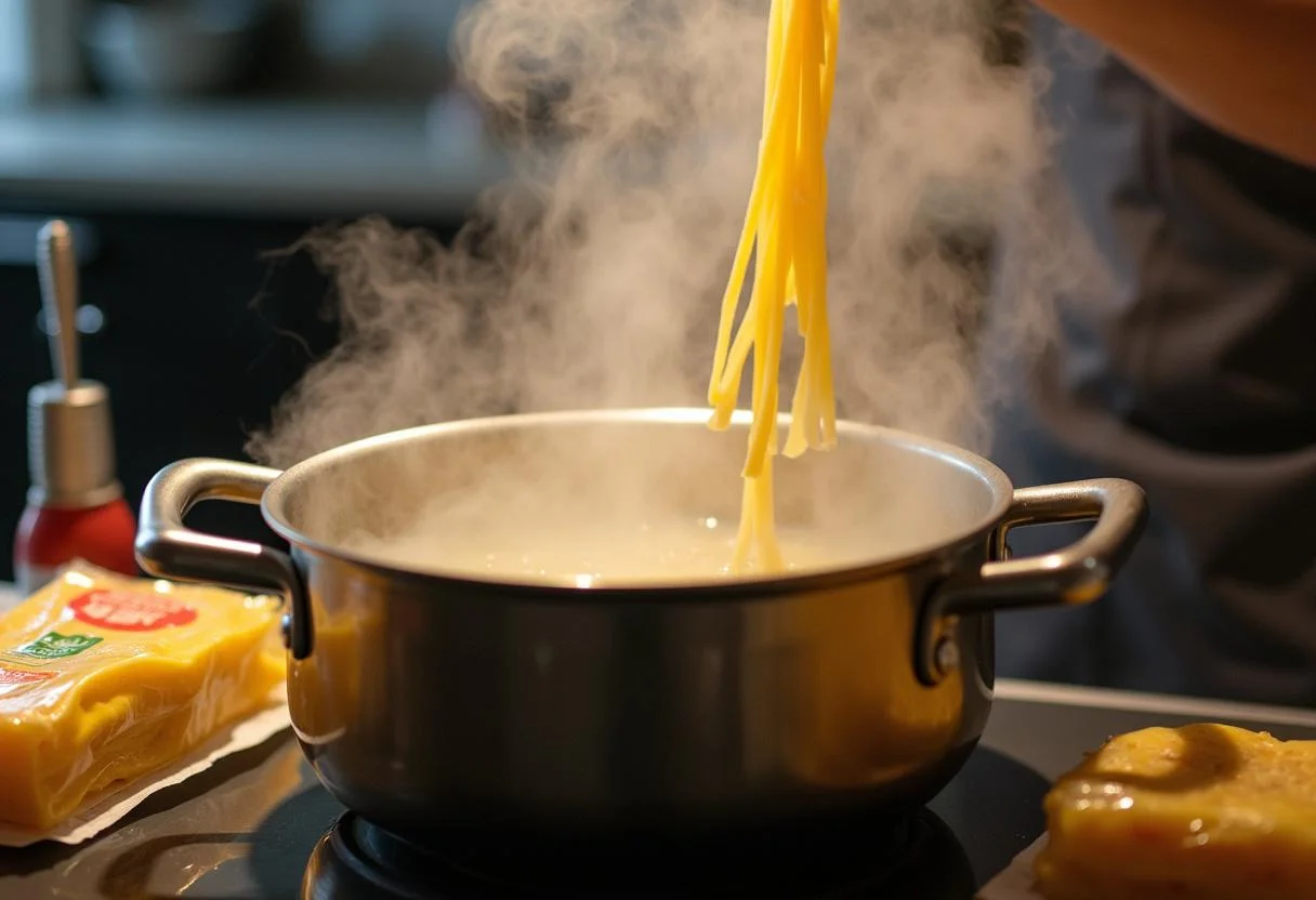 Cooking pasta for Marvel America Chavez's Star Portal Pasta Primavera in a boiling pot, steam rising, setting the stage for a delicious dish.