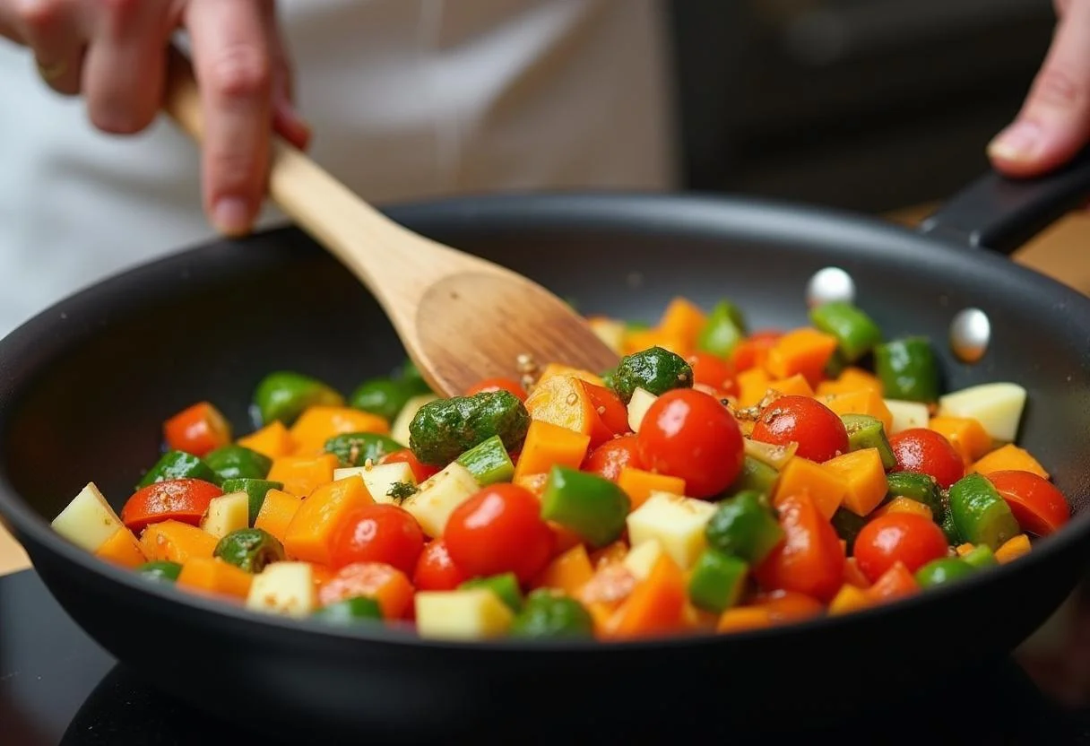 Sautéing vibrant vegetables for Marvel America Chavez's Star Portal Pasta Primavera in a frying pan, capturing the essence of fresh cooking.