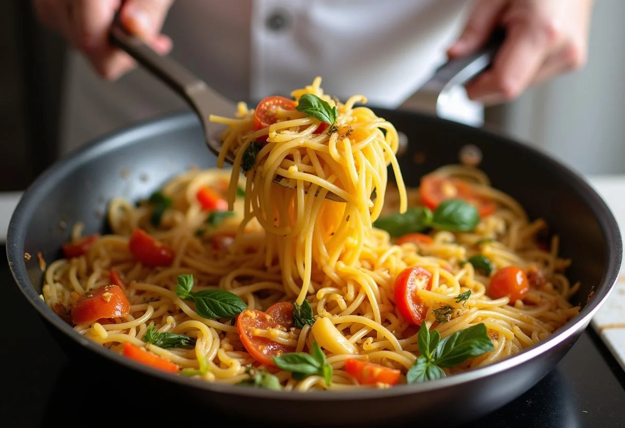 Combining cooked pasta with sautéed vegetables for Marvel America Chavez's Star Portal Pasta Primavera, showcasing the delicious mixture of fresh ingredients.