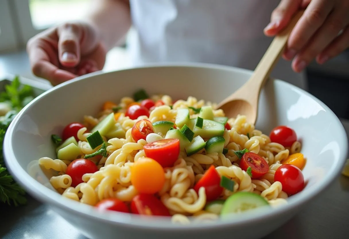 Marvel Avengers Assemble Pasta Salad preparation with fresh ingredients in a vibrant kitchen.