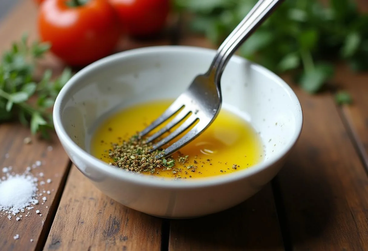 Homemade dressing for Marvel Avengers Assemble Pasta Salad made with olive oil, vinegar, and herbs.