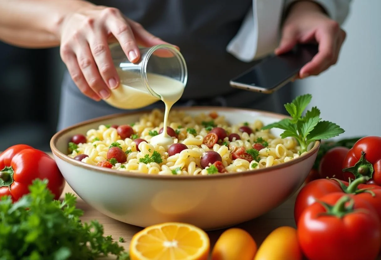 Drizzling dressing on Marvel Avengers Assemble Pasta Salad for enhanced flavor and freshness.
