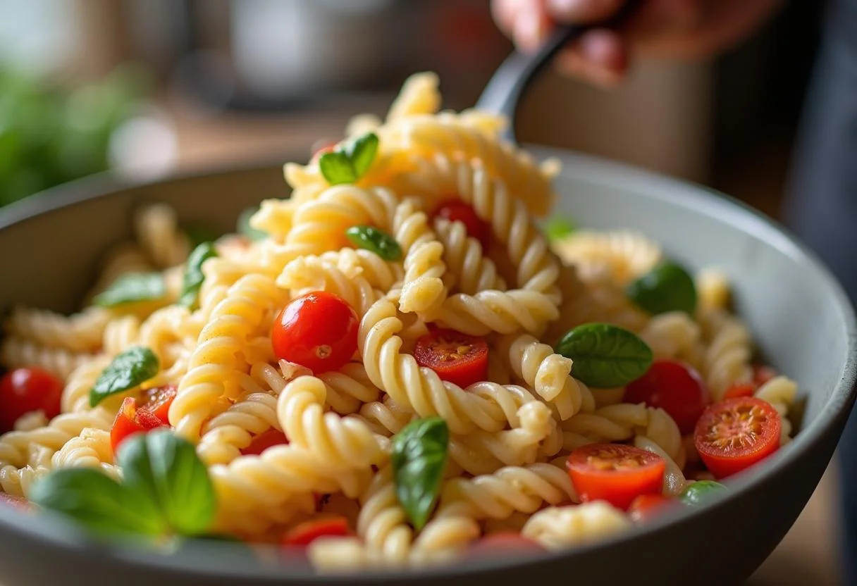 Tossing ingredients of Marvel Avengers Assemble Pasta Salad for a delicious and colorful side dish.