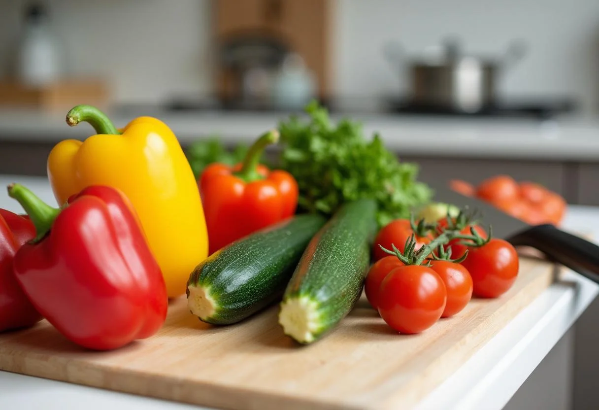 Fresh vegetables for Marvel Black Panther Vibranium Veggie Skewers on a cutting board, colorful and healthy ingredients, vibrant kitchen scene.