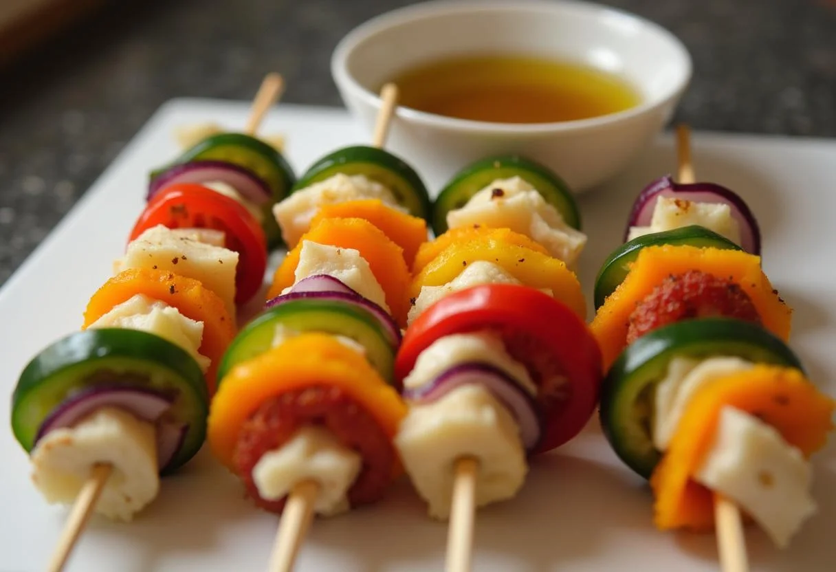 Assembling Marvel Black Panther Vibranium Veggie Skewers with brightly colored vegetables, seasoned with olive oil and spices, vibrant cooking environment.