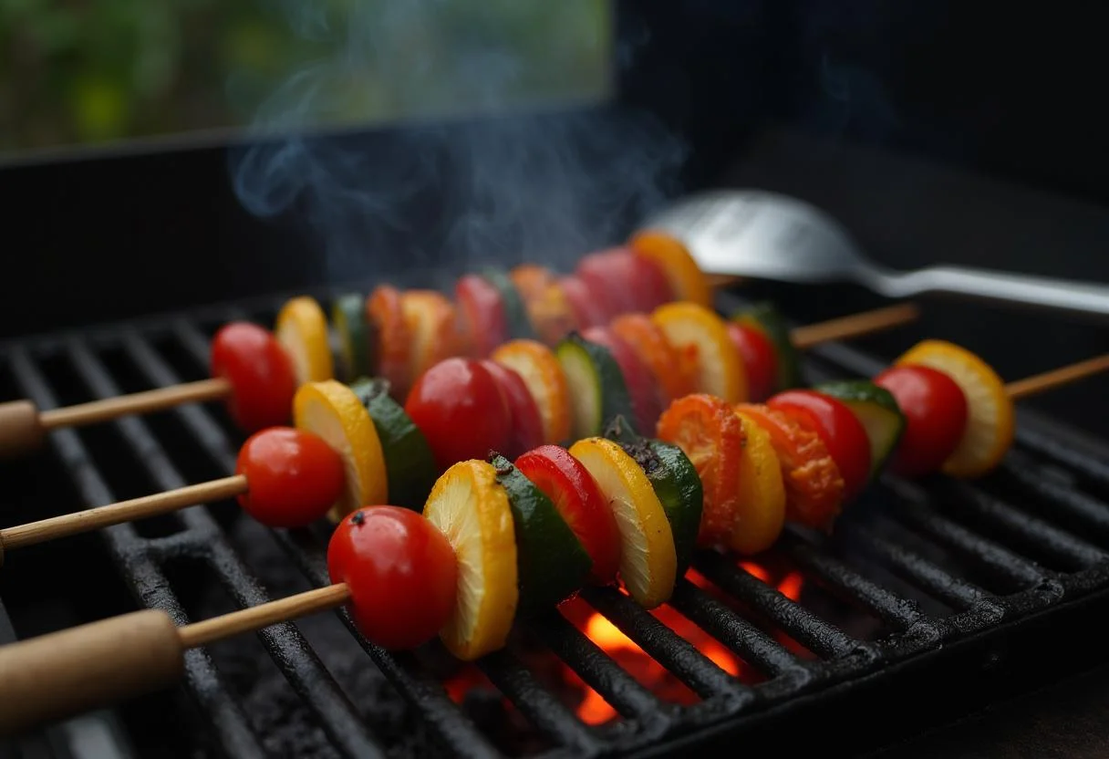 Cooking Marvel Black Panther Vibranium Veggie Skewers on a grill with flames, capturing the essence of outdoor cooking and delicious grilling.