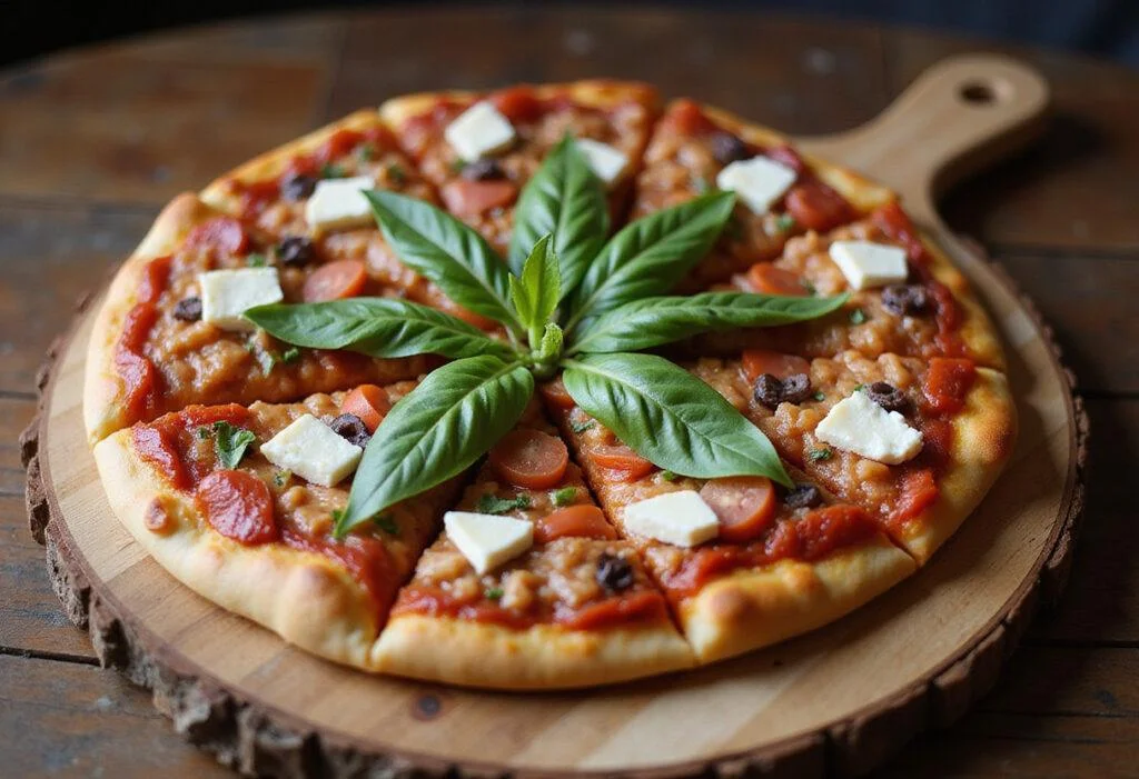 Delicious Marvel Captain America Shield Pizza, beautifully presented on wooden board, colorful toppings, perfect for pizza lovers.