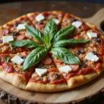 Delicious Marvel Captain America Shield Pizza, beautifully presented on wooden board, colorful toppings, perfect for pizza lovers.