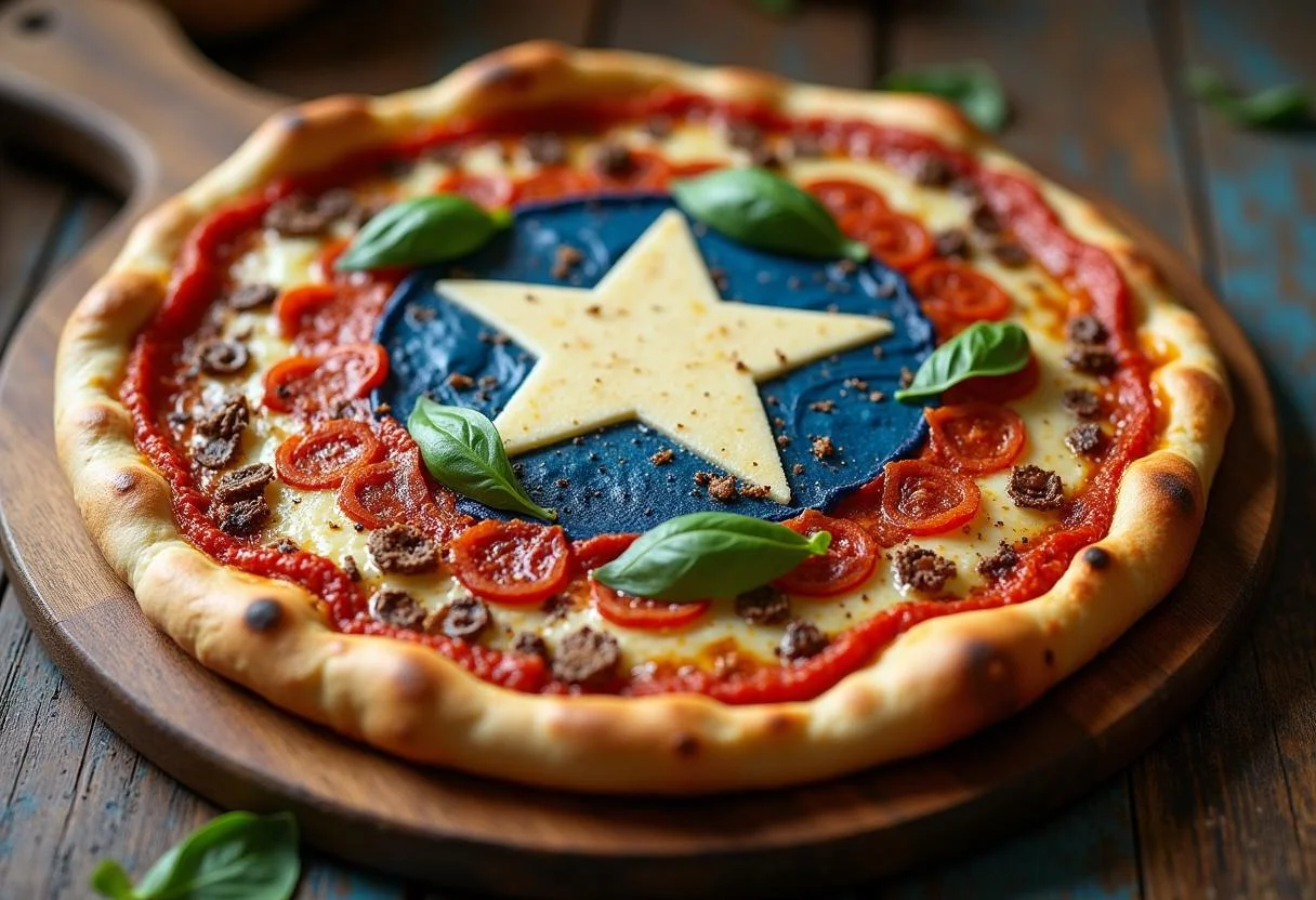 Delicious Marvel Captain America Shield Pizza, beautifully presented on wooden board, colorful toppings, perfect for pizza lovers.