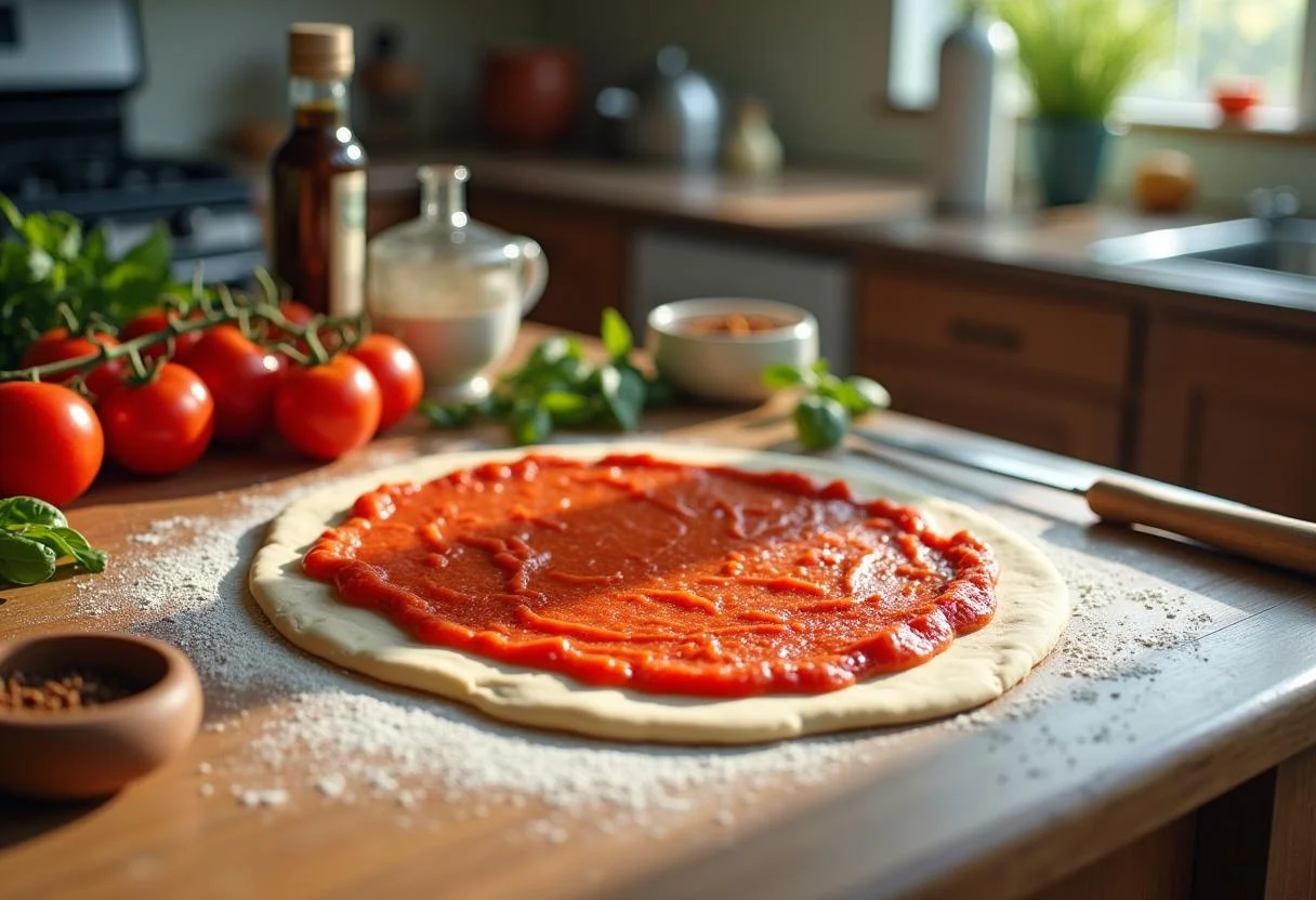 Marvel Captain America Shield Pizza preparation, red pizza sauce spreading over dough, fresh ingredients, vibrant kitchen setup.