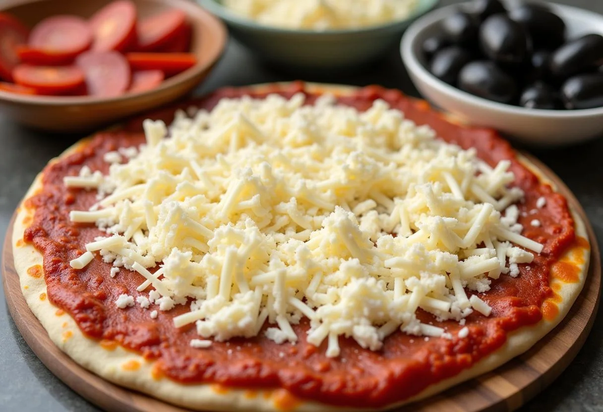 Creating Marvel Captain America Shield Pizza, mozzarella cheese sprinkled on sauce, toppings ready, delicious pizza making process.