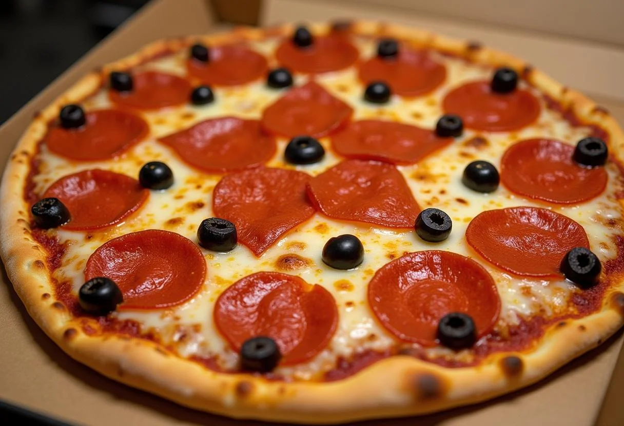 Assembling the Marvel Captain America Shield Pizza, pepperoni star design, black olives around edges, themed pizza art.