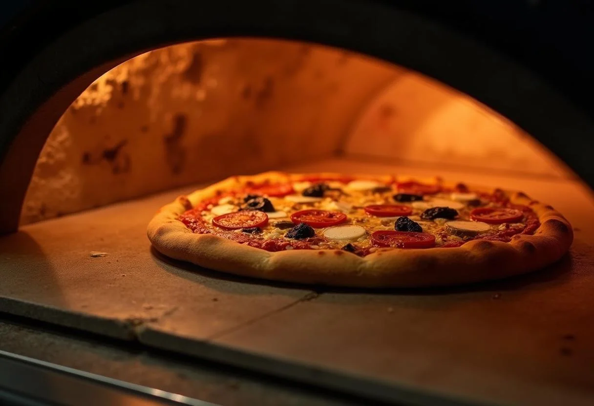Baking Marvel Captain America Shield Pizza, pizza in the oven, hot temperature, exciting cooking moment.