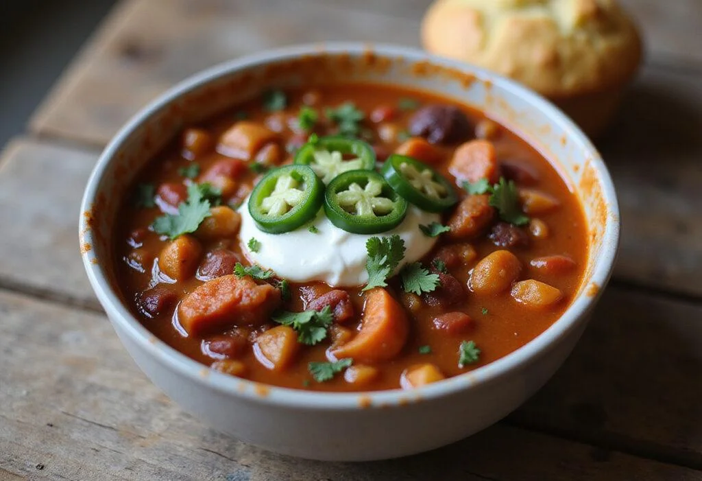 Final presentation of Marvel Daredevil's Hell's Kitchen Spicy Chili served in a bowl, showcasing vibrant colors and textures.