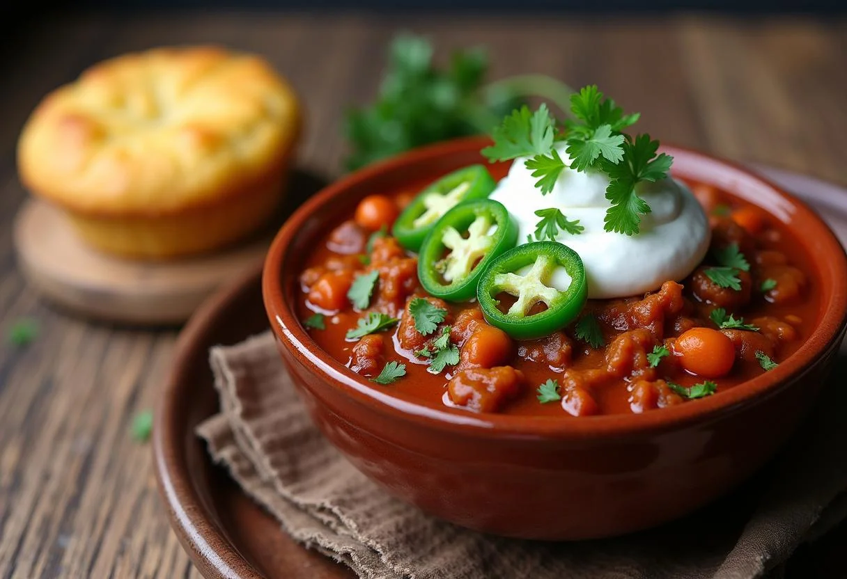 Final presentation of Marvel Daredevil's Hell's Kitchen Spicy Chili served in a bowl, showcasing vibrant colors and textures.