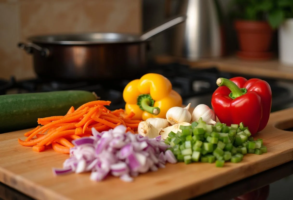 Chopping fresh vegetables for Marvel Daredevil's Hell's Kitchen Spicy Chili in a cozy kitchen setting.