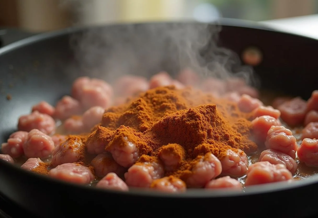 Browning ground meat for Marvel Daredevil's Hell's Kitchen Spicy Chili, with aromatic spices enhancing the flavor.