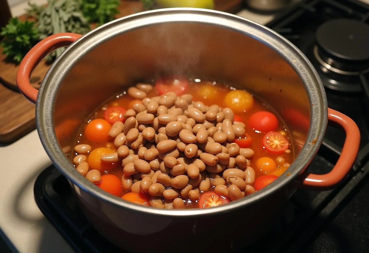 Simmering beans and tomatoes for Marvel Daredevil's Hell's Kitchen Spicy Chili, bringing together vibrant flavors.