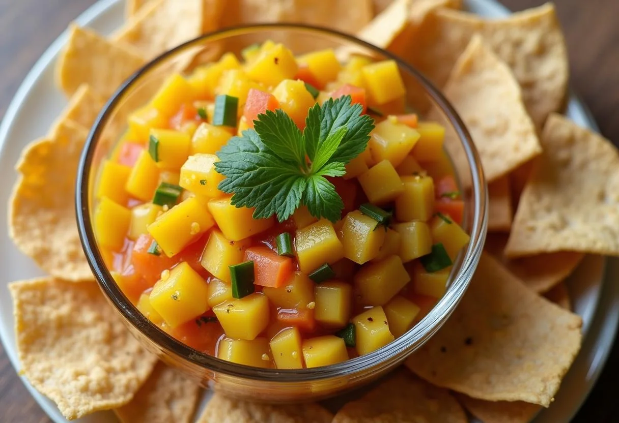 Delicious Marvel Doctor Strange Mystical Mango Salsa displayed in a glass bowl, perfect for entertaining or snacking.