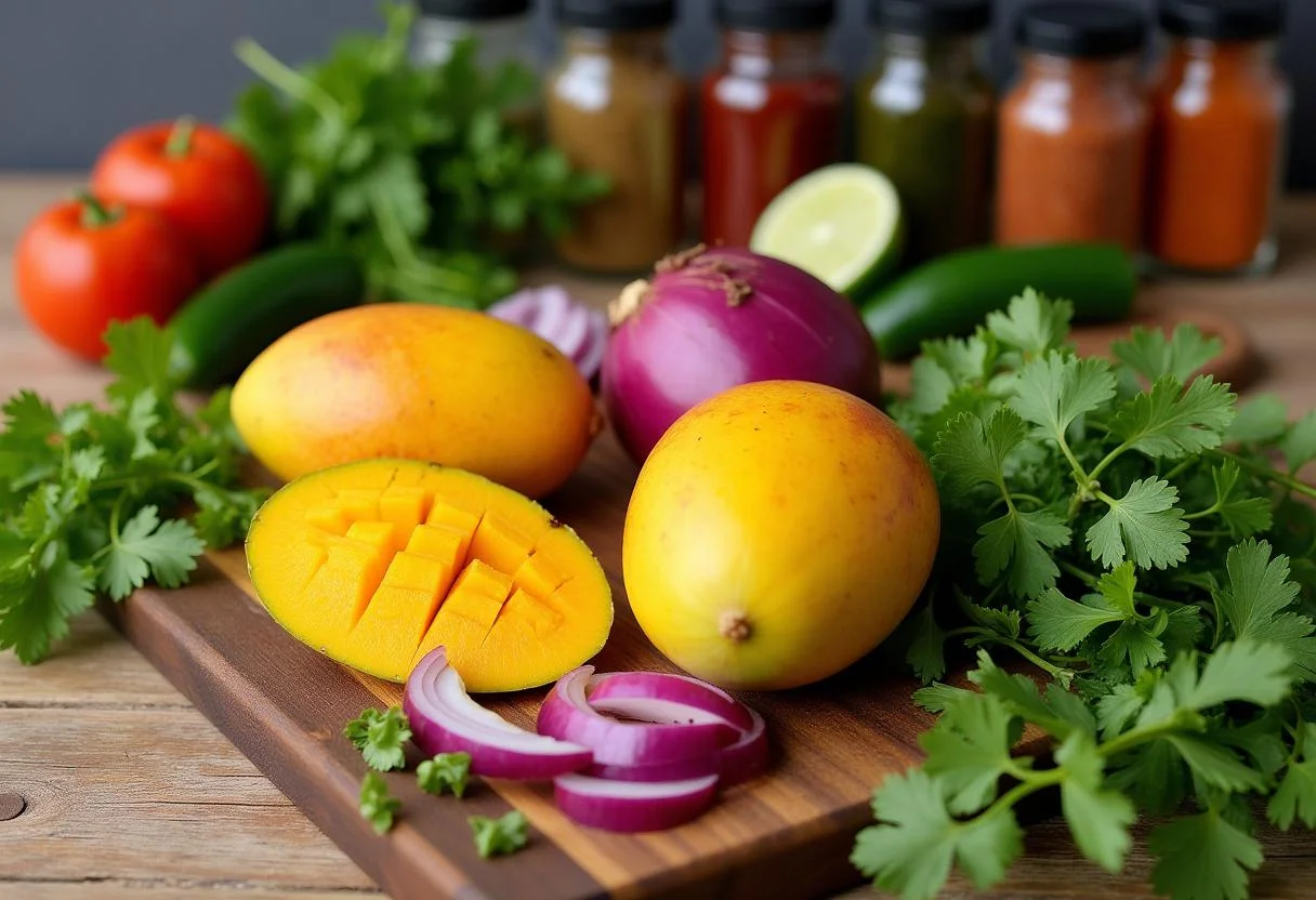 Fresh ingredients for Marvel Doctor Strange Mystical Mango Salsa including mangoes, red onions, cilantro, and jalapeños.