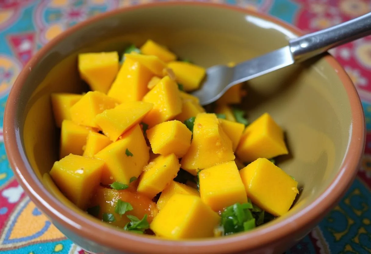 Mixing chopped ingredients for Marvel Doctor Strange Mystical Mango Salsa in a bowl, with bright colors and a lively kitchen ambiance.