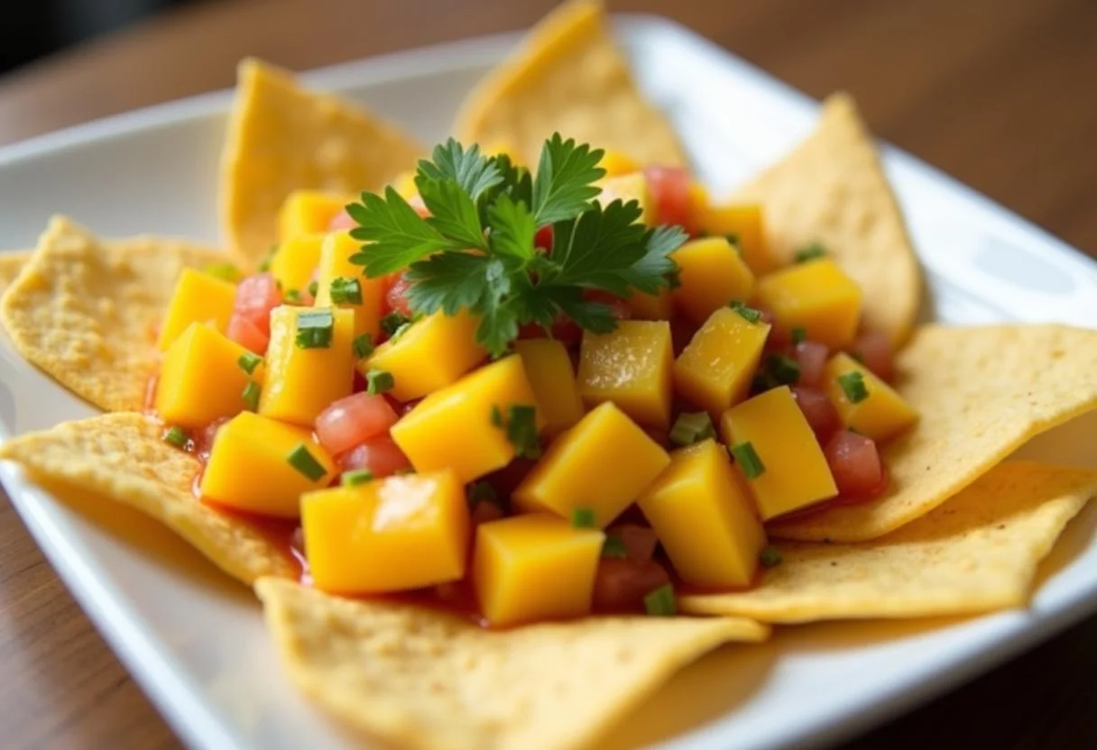 Serving Marvel Doctor Strange Mystical Mango Salsa on a plate with tortilla chips, capturing the vibrant colors and presentation.