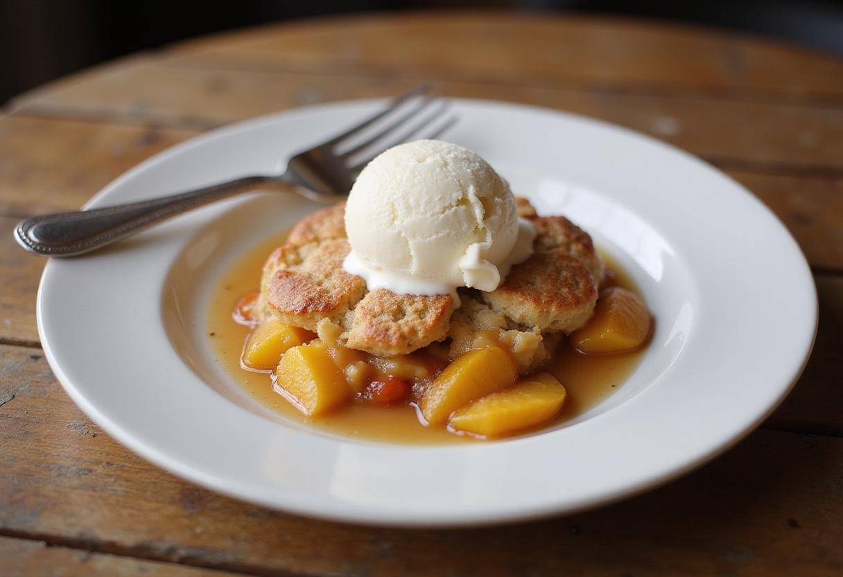 Served Marvel Falcon and Winter Soldier Patriot Peach Cobbler with vanilla ice cream, perfect for dessert.
