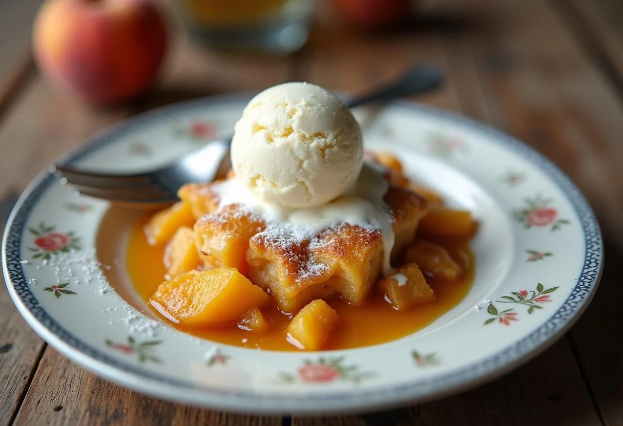 Served Marvel Falcon and Winter Soldier Patriot Peach Cobbler with vanilla ice cream, perfect for dessert.