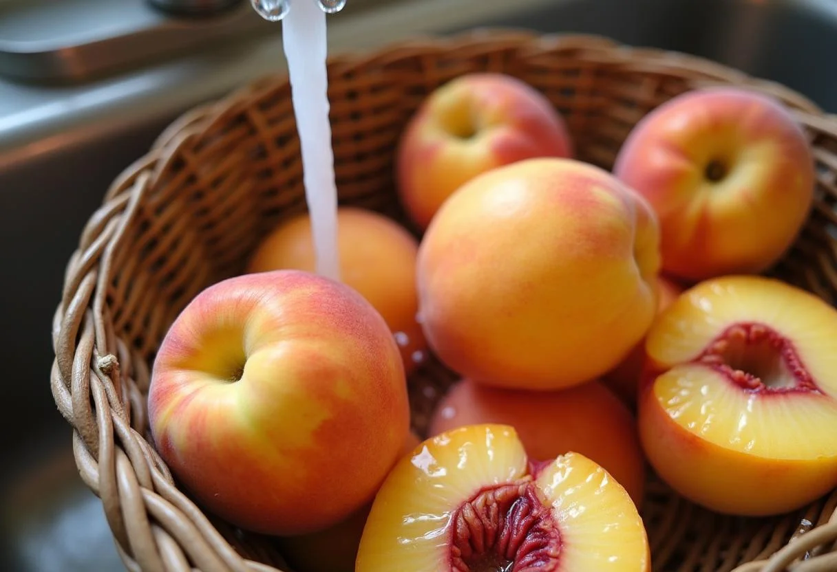 Fresh peaches being washed for Marvel Falcon and Winter Soldier Patriot Peach Cobbler preparation.
