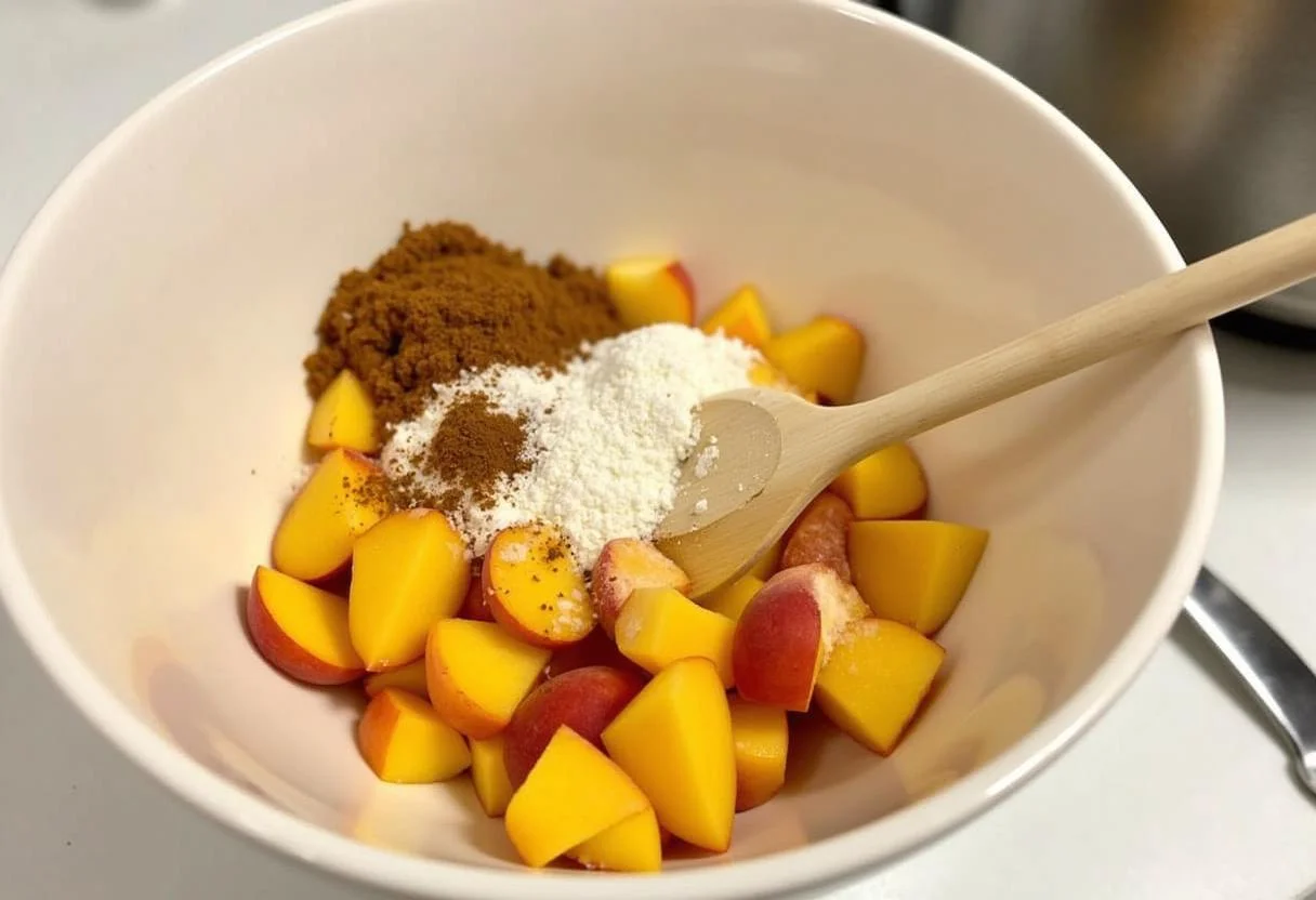 Mixing sliced peaches with sugar and spices for the Marvel Falcon and Winter Soldier Patriot Peach Cobbler.