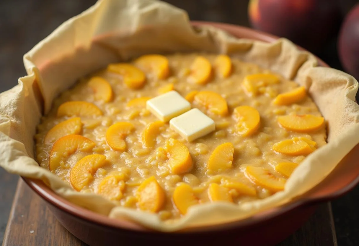 Preparing baking dish with peach filling and crust for Marvel Falcon and Winter Soldier Patriot Peach Cobbler.