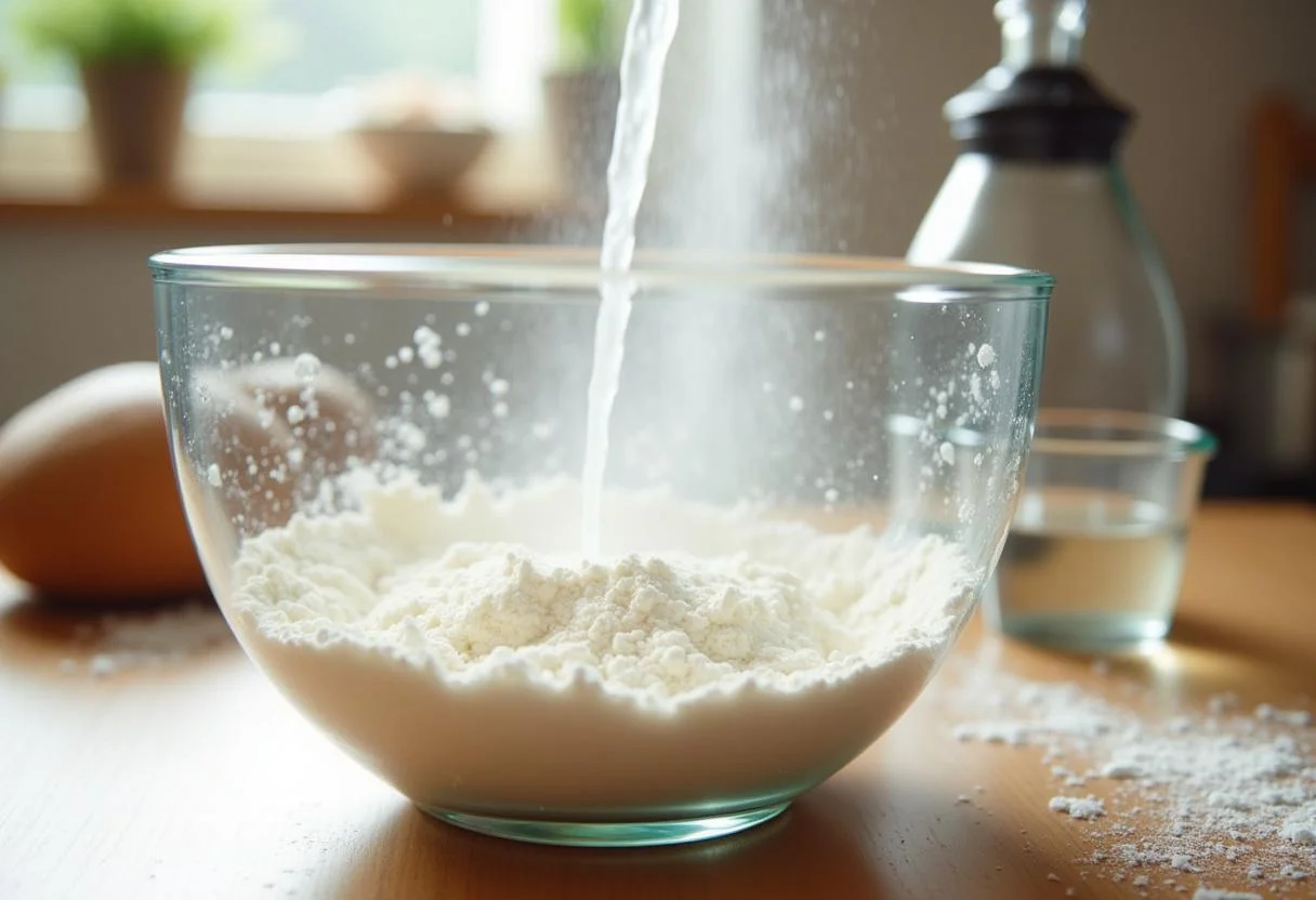 Adding warm water to the mixture for the Marvel Fantastic Four Invisible Woman's Focaccia, creating a dough as part of the baking process.
