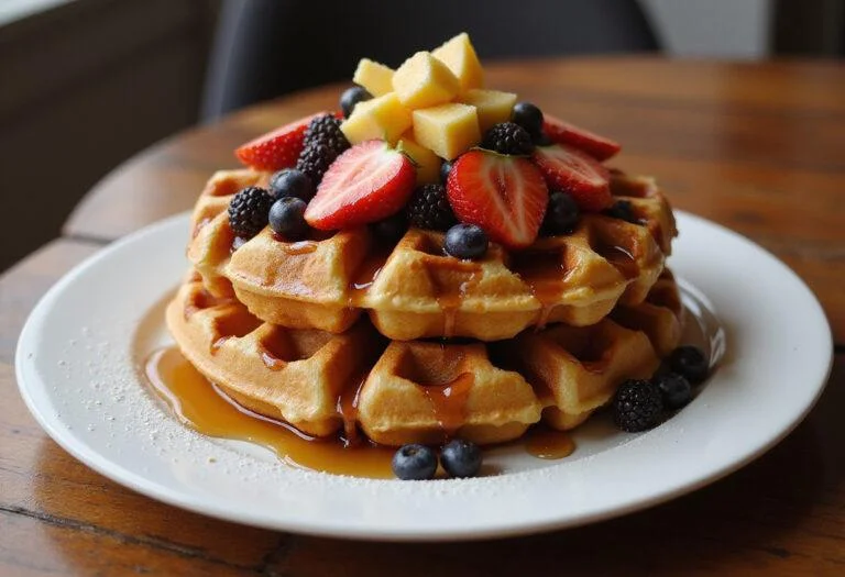 Finished Marvel Galactus' World-Devourer Waffles artfully displayed on a wooden table, topped with fresh fruit and syrup, ready to be served.