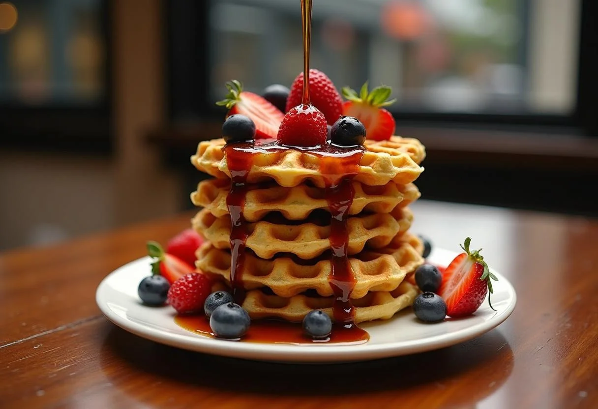 Finished Marvel Galactus' World-Devourer Waffles artfully displayed on a wooden table, topped with fresh fruit and syrup, ready to be served.