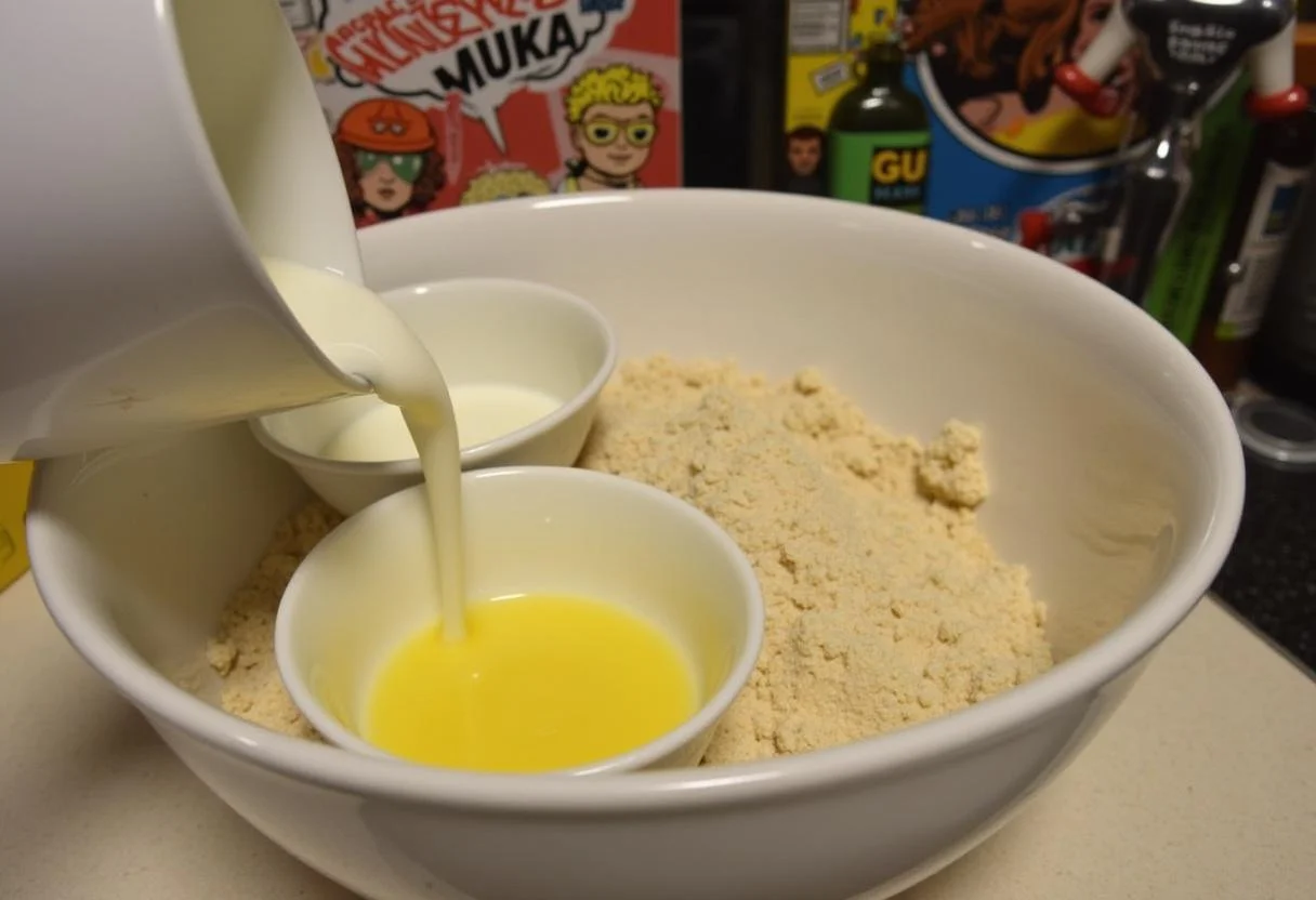 Preparing the wet ingredients for Marvel Galactus' World-Devourer Waffles, including milk and melted butter, in a fun, themed kitchen environment.