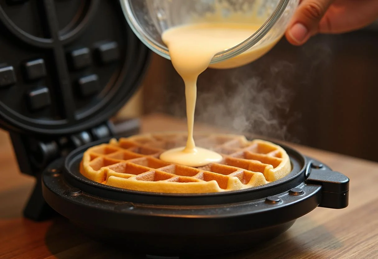Pouring the batter for Marvel Galactus' World-Devourer Waffles into a themed waffle iron showcasing steam and excitement.
