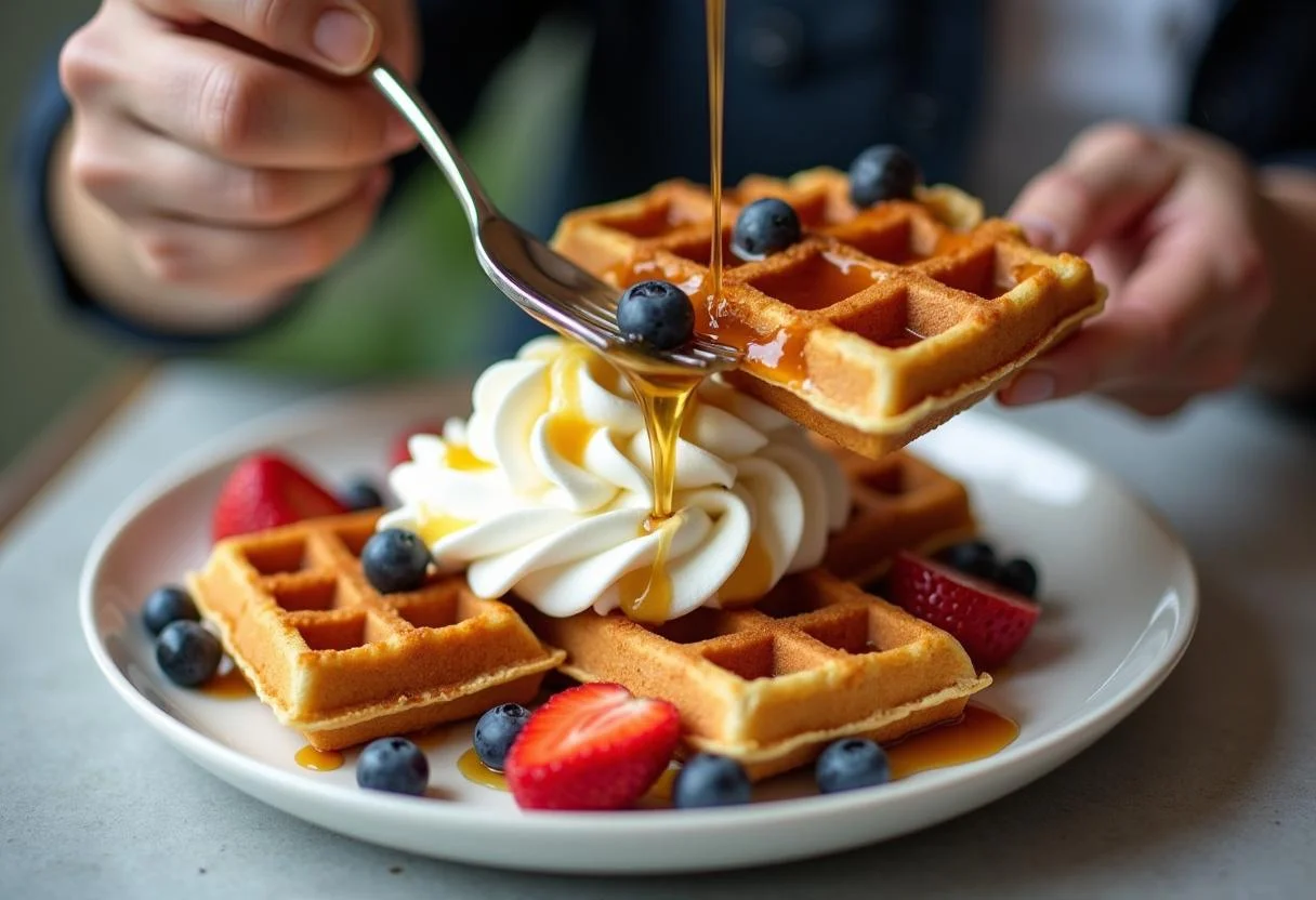 Serving Marvel Galactus' World-Devourer Waffles on a colorful plate adorned with syrup, whipped cream, and fruits, making it visually appealing.