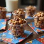 Marvel Guardians of the Galaxy Awesome Mix Trail Mix served in individual cups with superhero-themed decorations, ideal for parties or gatherings.